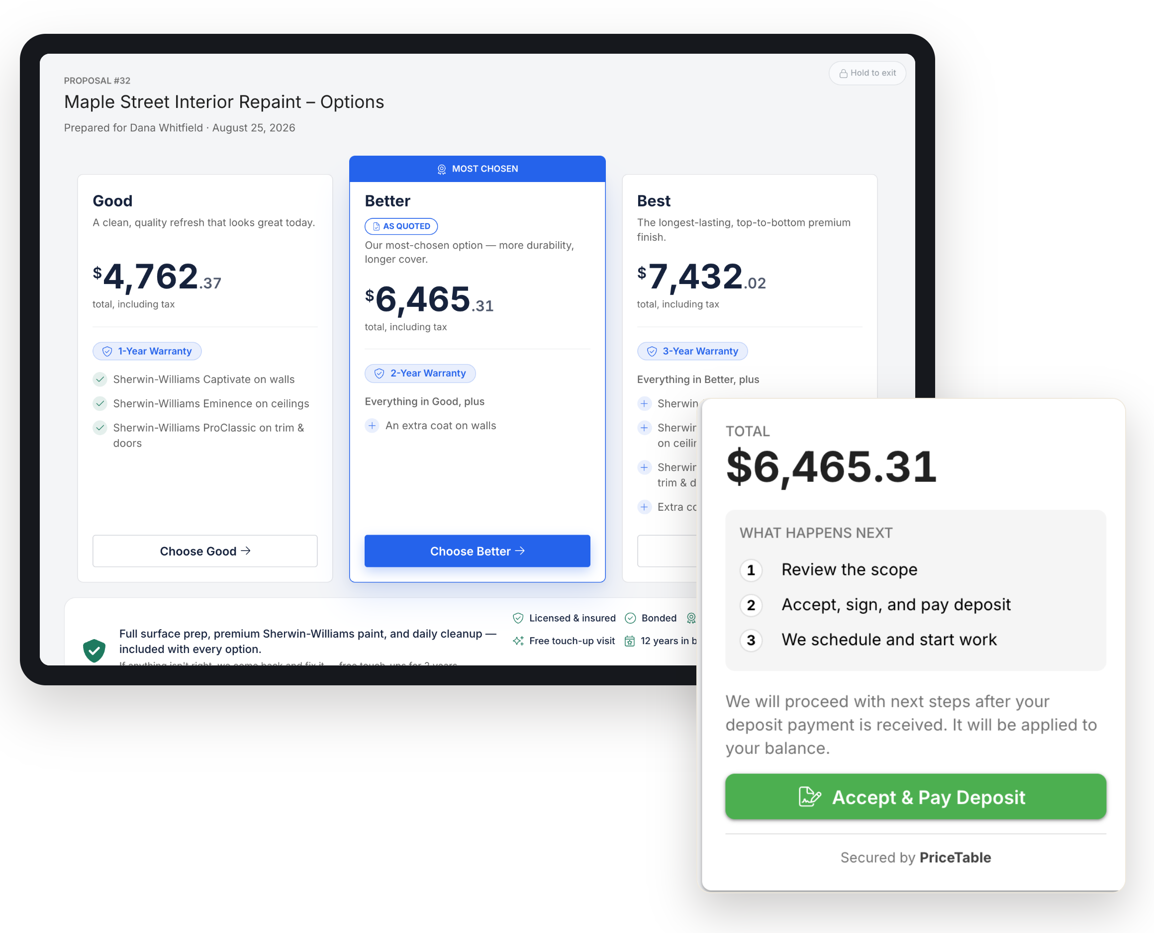 A tablet presenting Good, Better, and Best options, with the deposit card ready to accept and pay.